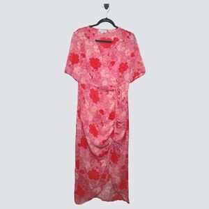 Misslook Women’s Sz 12 Dress Faux Wrap Pink Red Semi-sheer Short Sleeve Rouging
